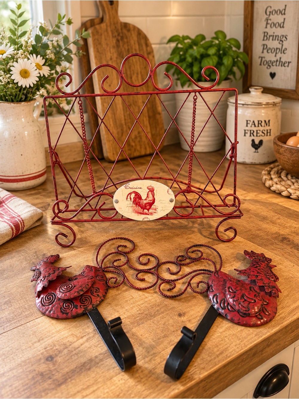 French Country Rooster Cookbook Stand & Matching Wall Hooks